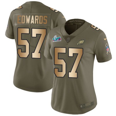 Nike Philadelphia Eagles #57 T. J. Edwards OliveGold Super Bowl LVII Patch Women's Stitched NFL Limited 2017 Salute To Service Jersey